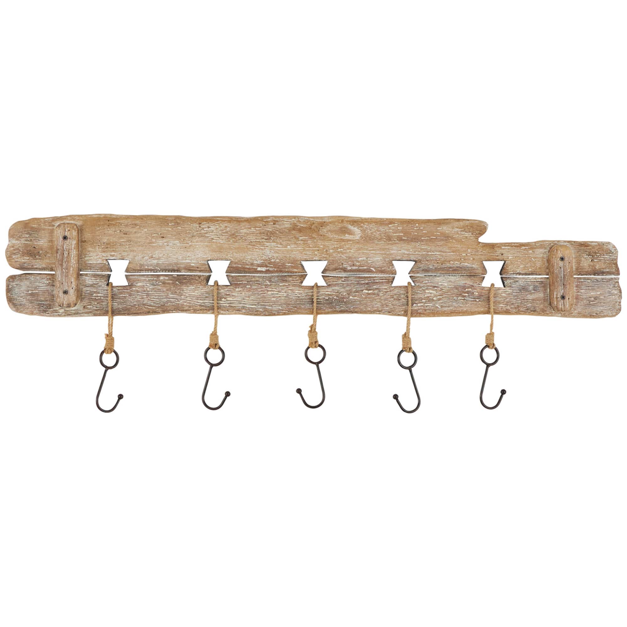 Handmade Whitewashed Brown Wood Live Edge Wall Hook with 5 Fish-Shaped Hangers